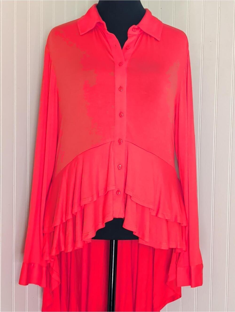For the Republic Red Coral Hi-Low Ruffle Tunic Blouse Button Down Shirt L